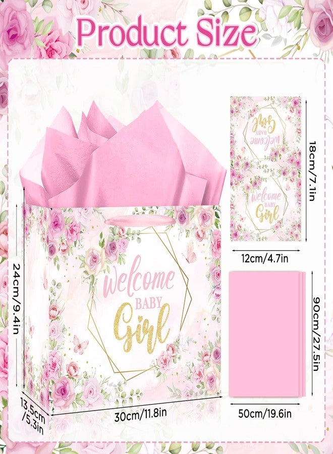 Woosytoo Welcome Baby Girl Gift Bag Pink Floral Wrapping Bag with Greeting Card and Tissue Paper Gender Reveal Baby Girl Treat Candy Bag for Baby Shower Gender Reveal Birthday Party Supplies - Image 2